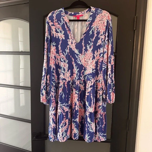 Lilly Pulitzer Borealis Blue Swim On Over tiered dress with sleeves - Picture 1 of 6